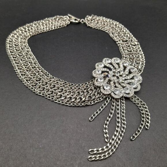 Formal Rhinestone Floral Pendant Necklace, Layered Silver Tone Chain, 16 Inches - Picture 5 of 9